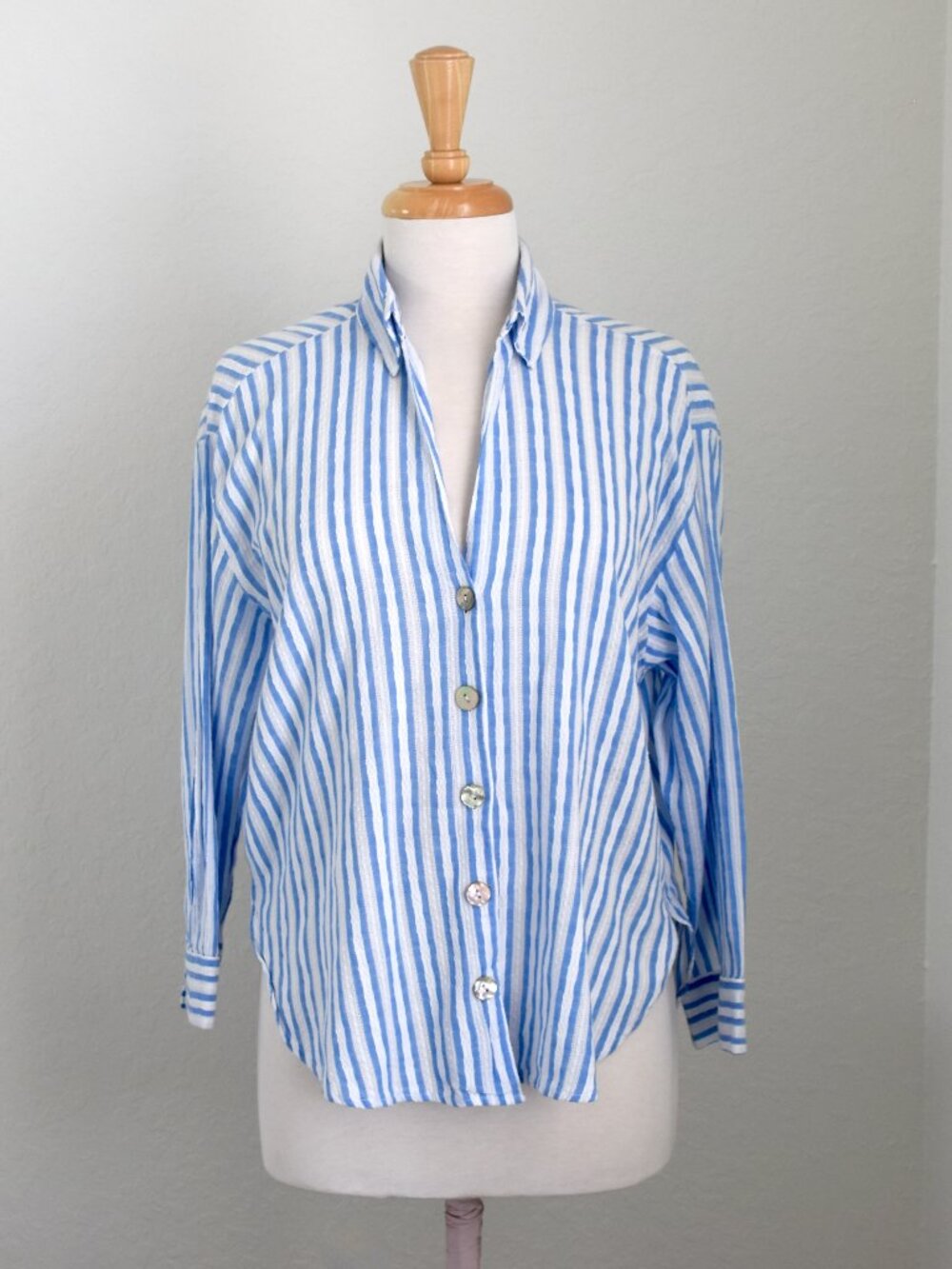Zara Women's Blue White Striped Cotton Relaxed Fit Button Up Shirt Size XS